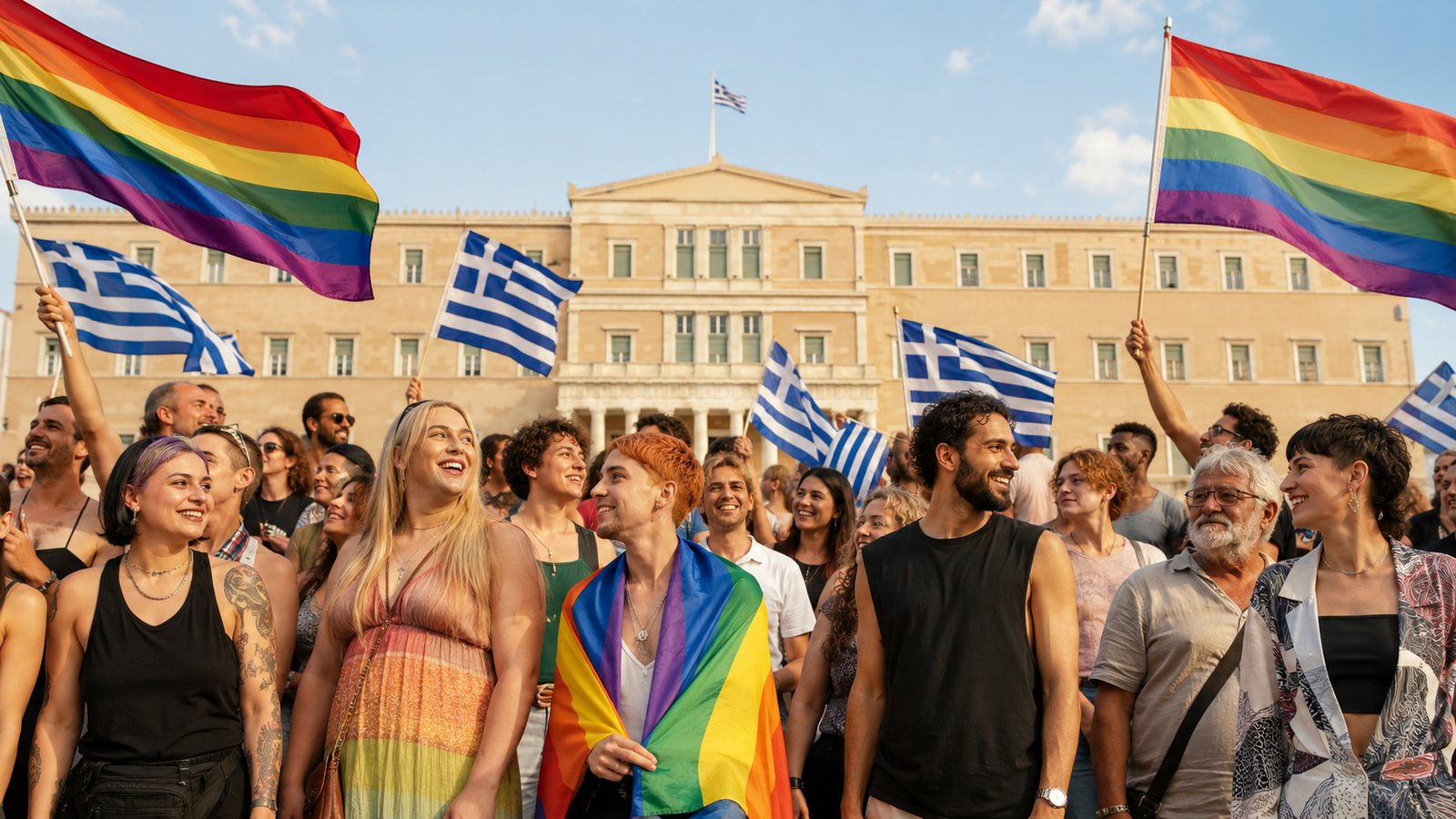 ΛΟΑΤΚΙ κοινότητα με σημαίες ουράνιου τόξου και ελληνικές σημαίες μπροστά από τη Βουλή